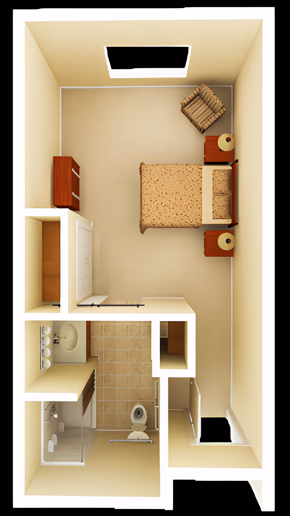 Top-down view of a senior living facility room layout featuring a bedroom with a bed, two nightstands with lamps, a chair, and a dresser. Adjacent to the bedroom is a bathroom with a sink, toilet, and shower area.