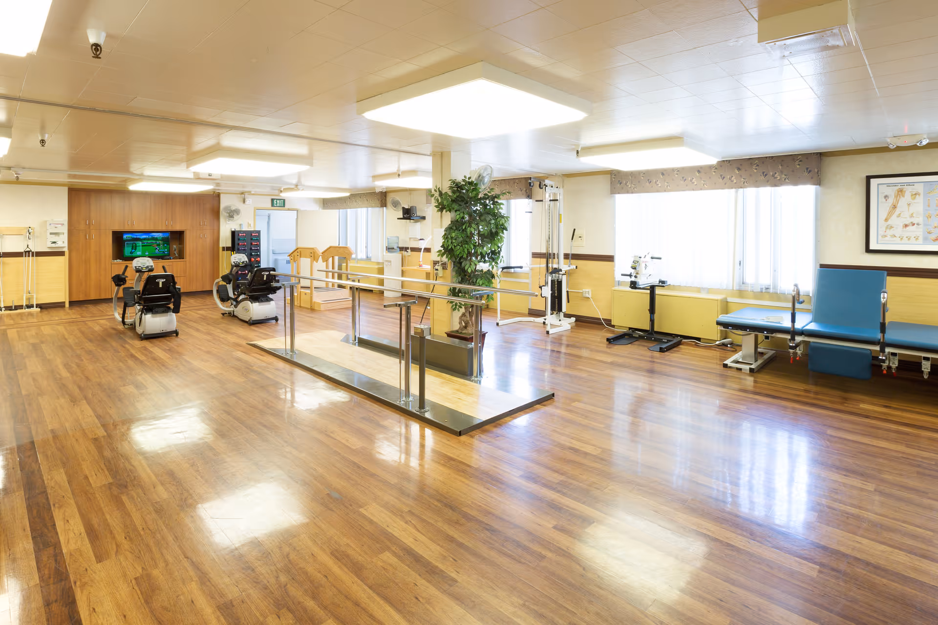 A spacious rehabilitation room with wooden flooring, parallel bars for walking exercises, two stationary exercise bikes, a blue therapy table, and various physical therapy equipment. The room is well-lit with large windows covered by sheer curtains and ceiling lights. A potted plant and anatomical chart are also visible.