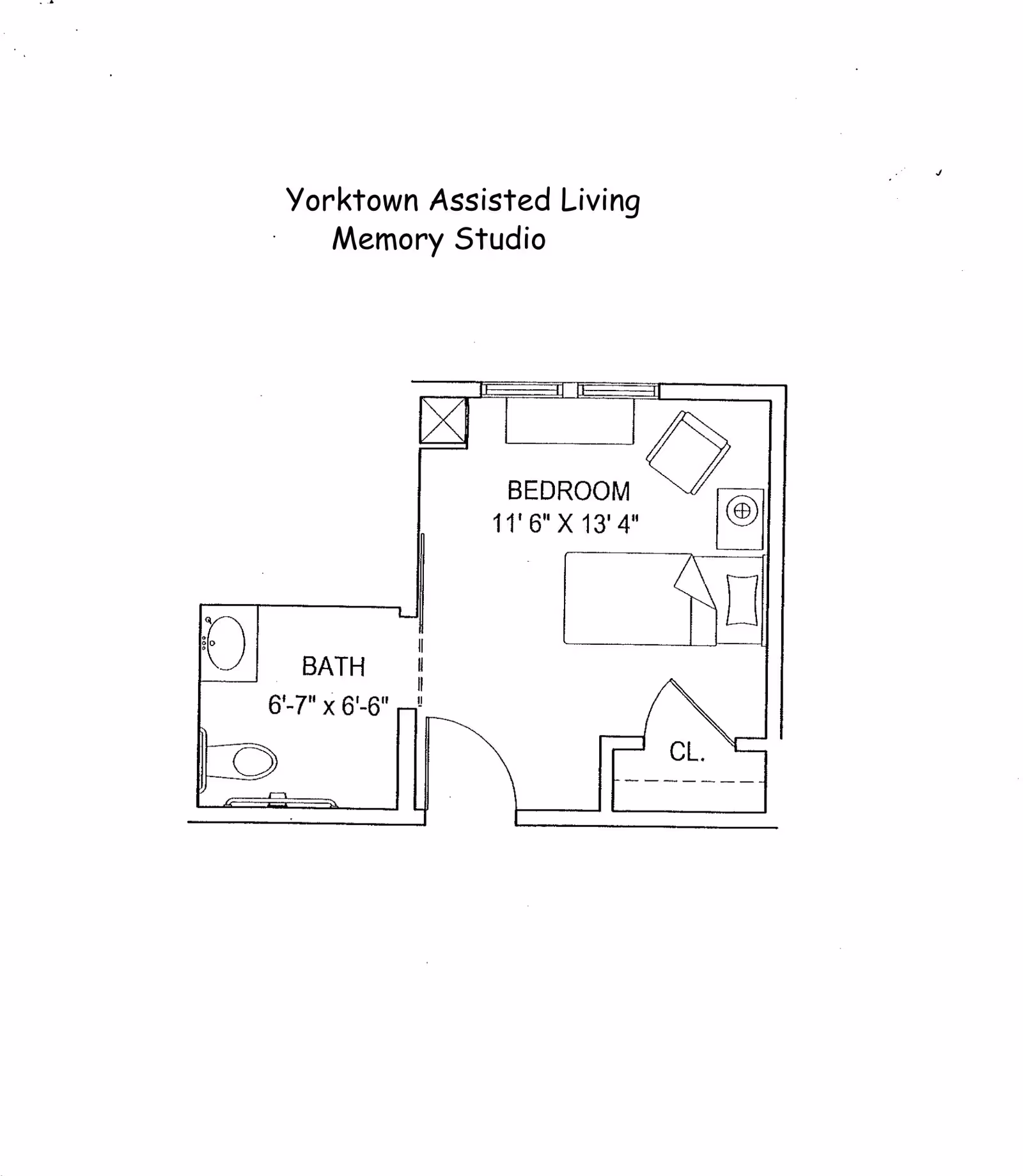 Floor plan of Yorktown Assisted Living Memory Studio showing a bedroom measuring 11 feet 6 inches by 13 feet 4 inches with a bed, chair, and closet, and an adjacent bathroom measuring 6 feet 7 inches by 6 feet 6 inches with a toilet and bathtub.