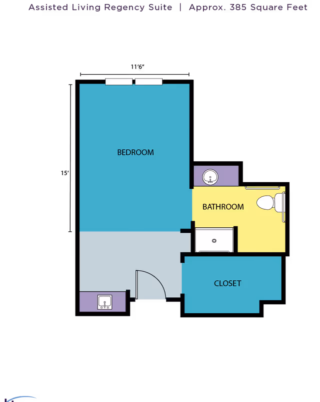 Floor plan of an assisted living Regency suite approximately 385 square feet, showing a bedroom, bathroom, closet, and entry area with labeled sections and icons for sink and toilet.