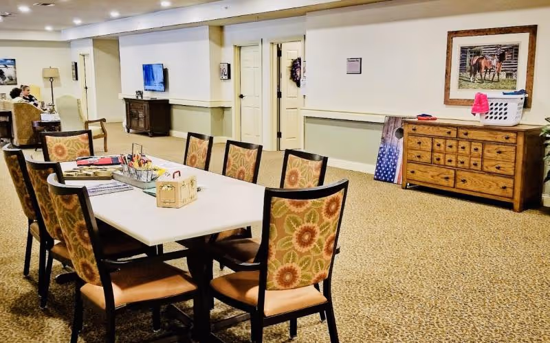 Communal activity room with a long table surrounded by patterned chairs, a TV on the wall, and a dresser along the far wall.