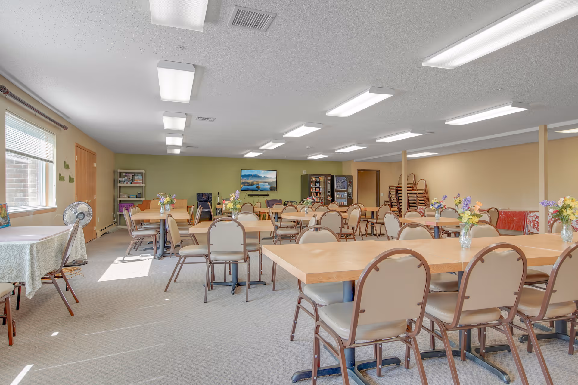 A spacious dining room with multiple wooden tables and beige cushioned chairs arranged neatly. Each table has a small vase with colorful flowers. The room has large windows on one side letting in natural light, fluorescent ceiling lights, a green accent wall with a TV mounted on it, and a vending machine in the back. There are also stacked chairs and a table with a fan near the window.