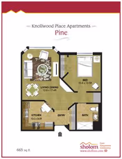 Floor plan of Knollwood Place Apartments Pine unit showing a layout with a living and dining area, kitchen, entry, bedroom, and bathroom. The total area is 665 square feet. The floor plan includes furniture placement and room dimensions.