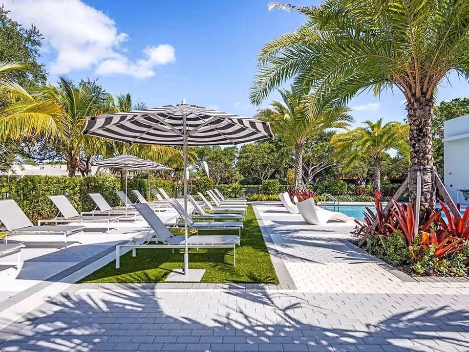Poolside area with striped umbrellas, lounge chairs, palm trees, and a swimming pool under a blue sky.