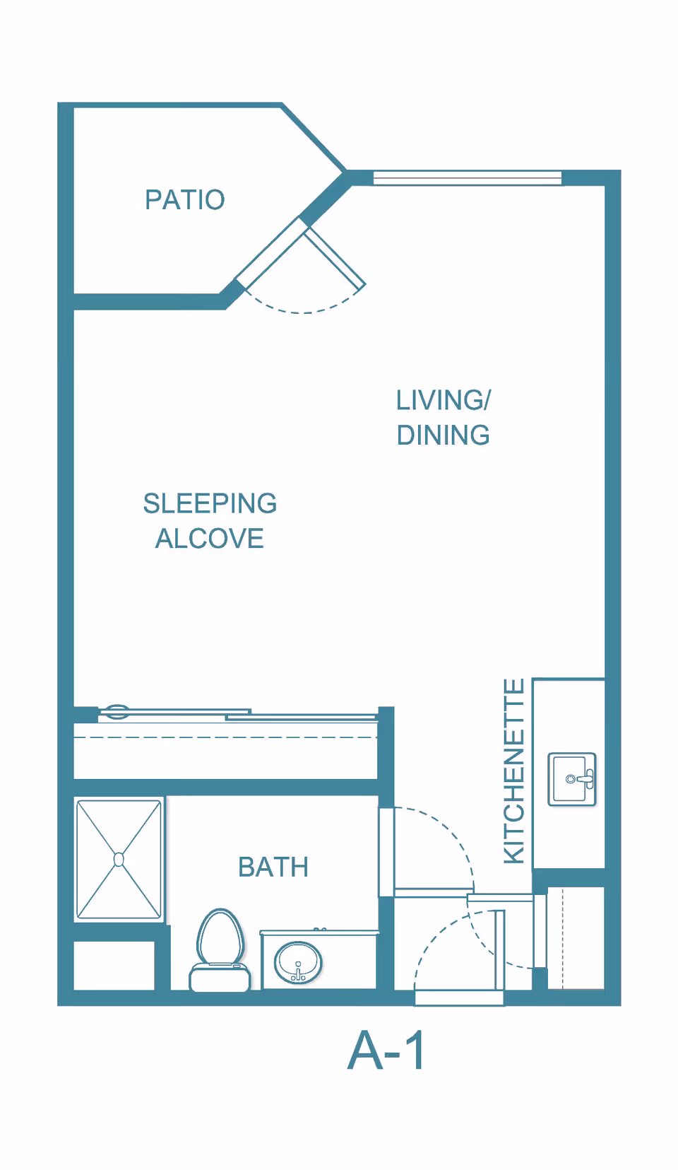 Architectural floor plan of a studio apartment labeled A-1, featuring a patio, living/dining area, sleeping alcove, kitchenette, and a bathroom with a shower, toilet, and sink.