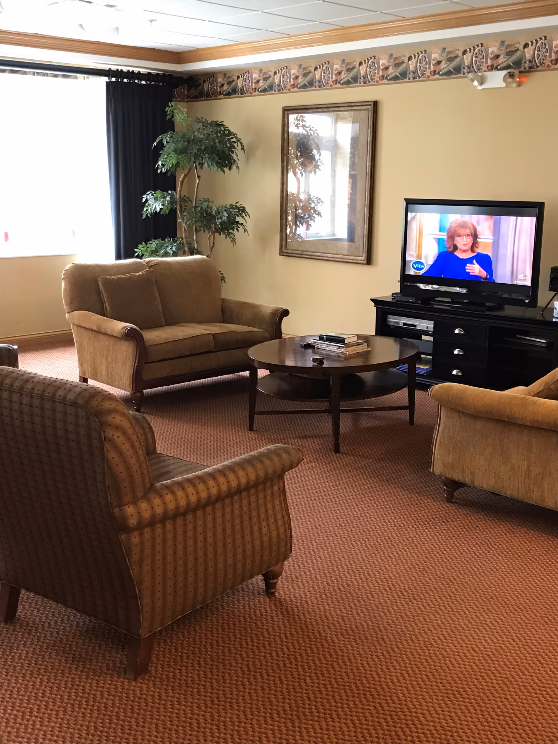 A cozy living room with brown upholstered armchairs and a loveseat arranged around a round wooden coffee table. A flat-screen TV is on a black TV stand showing a woman speaking on a talk show. There is a large window with dark curtains and a tall green potted plant in the corner. The walls are beige with a decorative border near the ceiling.