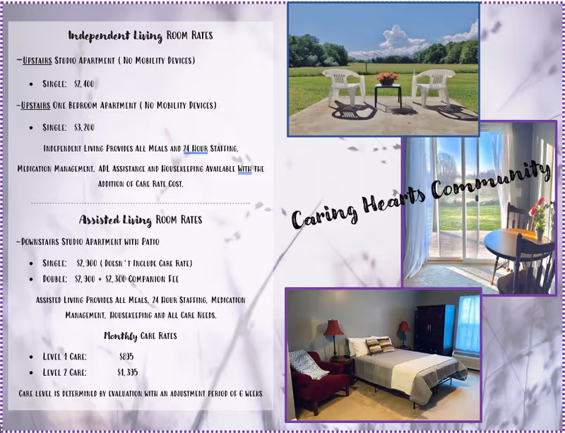 Promotional flyer for Caring Hearts Community featuring room rates and interior/exterior photos.
