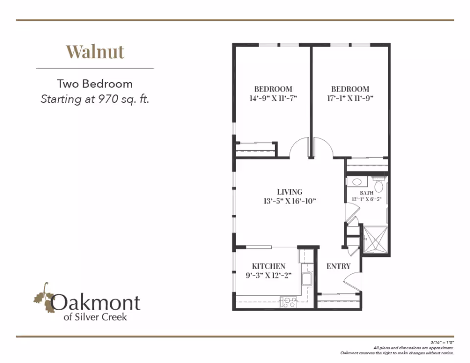 Floor plan for Walnut, a two-bedroom apartment starting at 970 square feet at Oakmont of Silver Creek. The layout includes two bedrooms, a living room, a kitchen, a bathroom, and an entry area with dimensions labeled for each room.