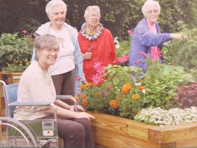 Four elderly women enjoying a garden with colorful flowers. One woman is seated in a wheelchair, while the other three stand around a raised wooden flower bed, smiling and interacting with the plants.