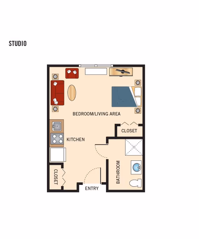 Floor plan of a studio apartment at Rose Tree Place showing a combined bedroom and living area with a bed, sofa, coffee table, and TV. The kitchen area includes a stove, sink, and refrigerator. There are two closets, an entryway, and a bathroom with a shower, toilet, and sink.