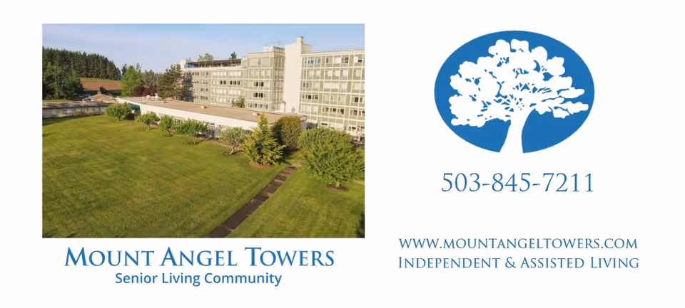 Aerial photo of Mount Angel Towers senior living building with a large lawn, shown alongside the facility's logo, phone number, and website.