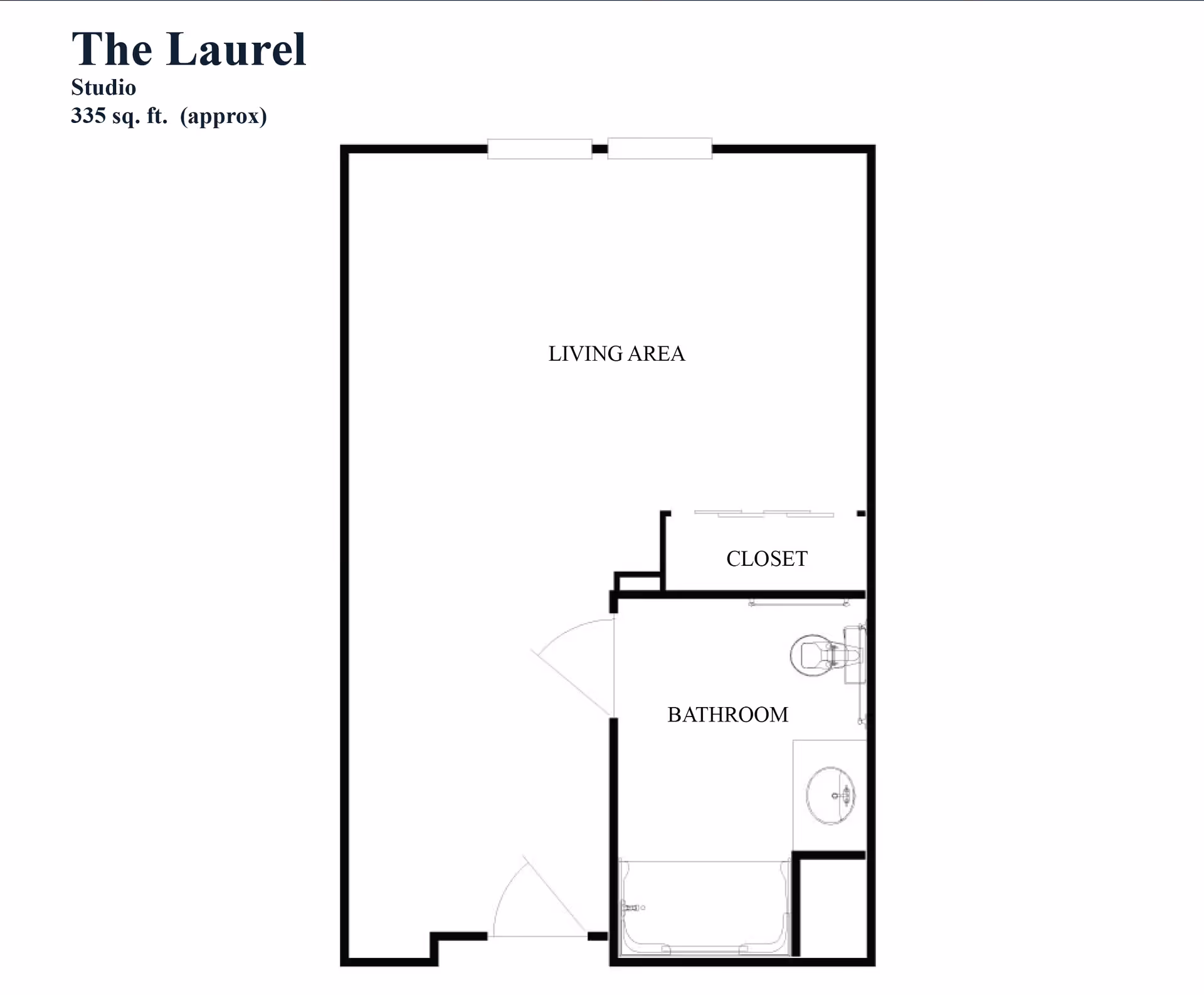 Floor plan of The Laurel studio apartment at Landon Ridge Kingwood, approximately 335 square feet, showing a living area, closet, and bathroom with a bathtub, toilet, and sink.