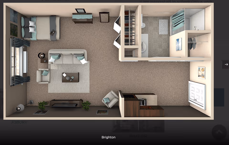 Top-down view of a studio apartment layout featuring a bedroom area with a bed and nightstand, a living area with a sofa, armchair, coffee table, and TV stand, a kitchen area with cabinets and appliances, and a bathroom with a shower, toilet, and sink. There is also a closet space adjacent to the bathroom.
