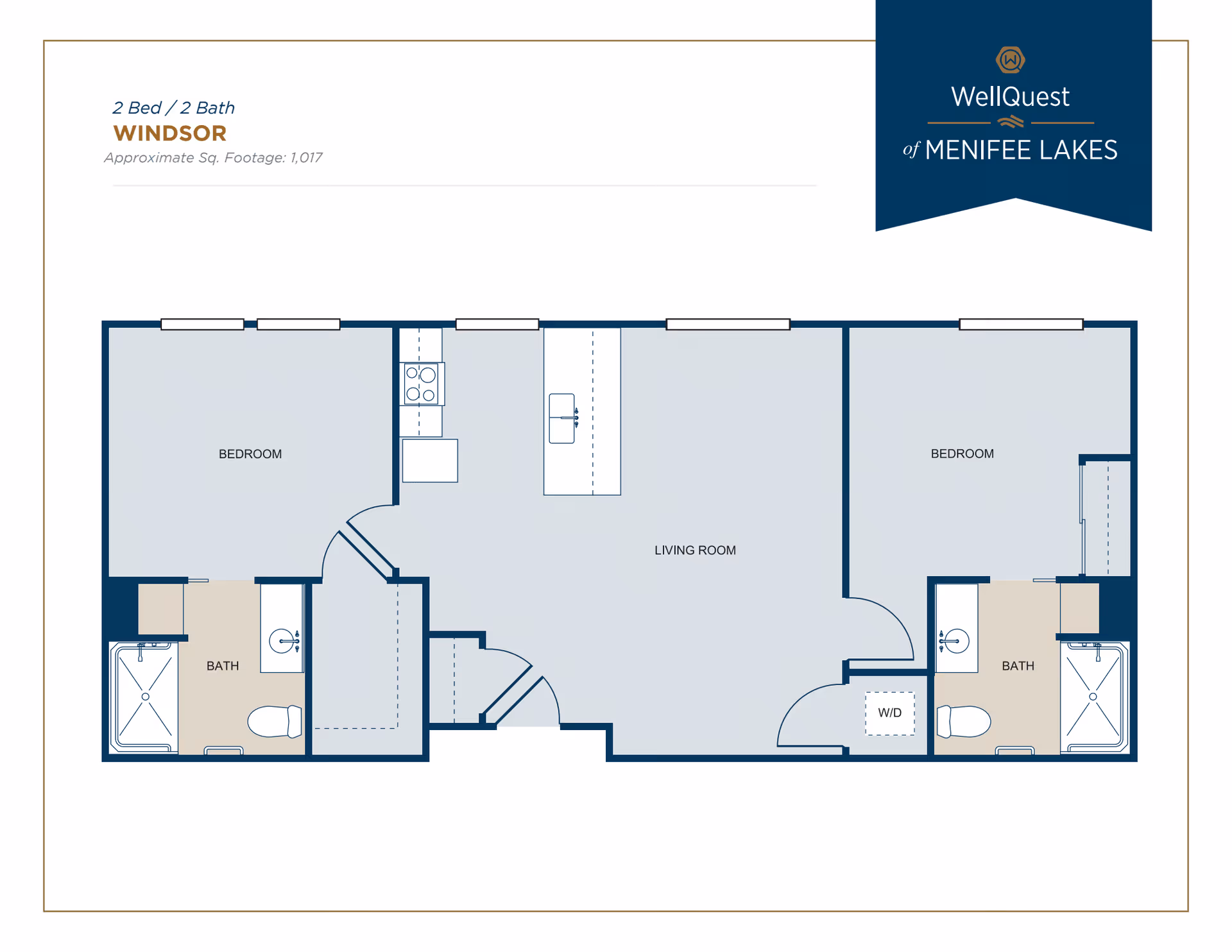 Floor plan of a 2 bedroom, 2 bathroom apartment named Windsor at WellQuest of Menifee Lakes, showing two bedrooms on either side, two bathrooms adjacent to each bedroom, a central living room, and a kitchen area with appliances.