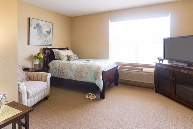 A bright bedroom with a single bed covered in a floral comforter, a cushioned armchair, a wooden cabinet with a TV on top, a large window with blinds, and a painting of a horse on the wall.
