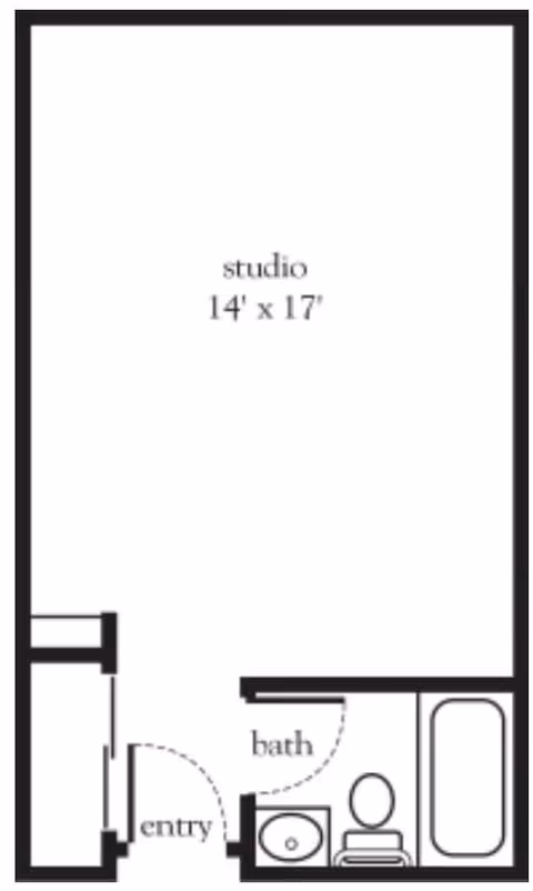 Floor plan of a studio apartment measuring 14 feet by 17 feet, showing an entry area and a bathroom with a sink, toilet, and bathtub.