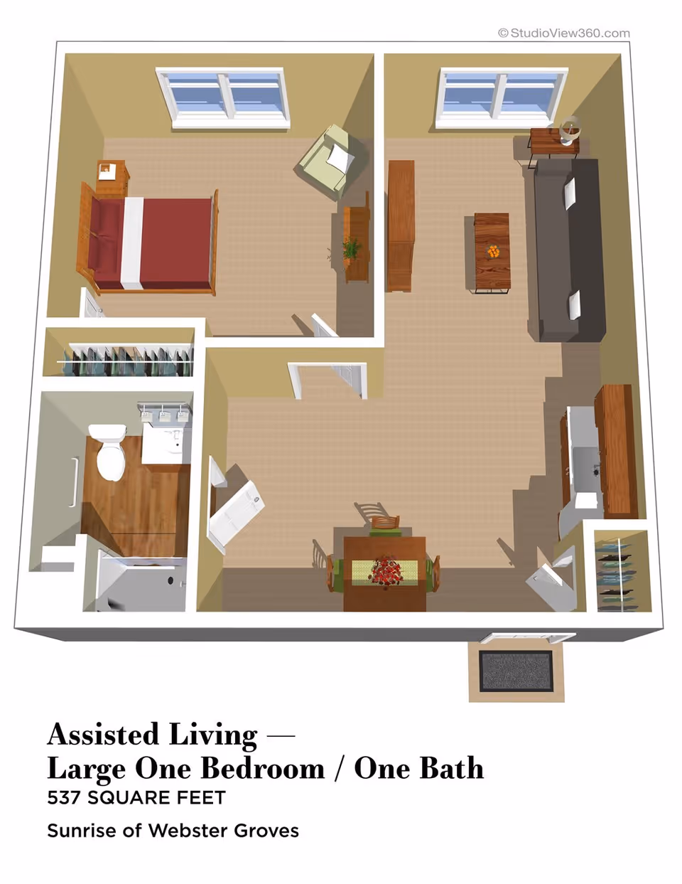 3D floor plan of an assisted living apartment with one bedroom and one bathroom. The layout includes a bedroom with a bed, nightstand, and chair; a bathroom with a toilet, sink, and shower; a living room with a sofa, coffee table, side table, and TV stand; a dining area with a table and four chairs; and a kitchen area with cabinets and appliances. The apartment measures 537 square feet.