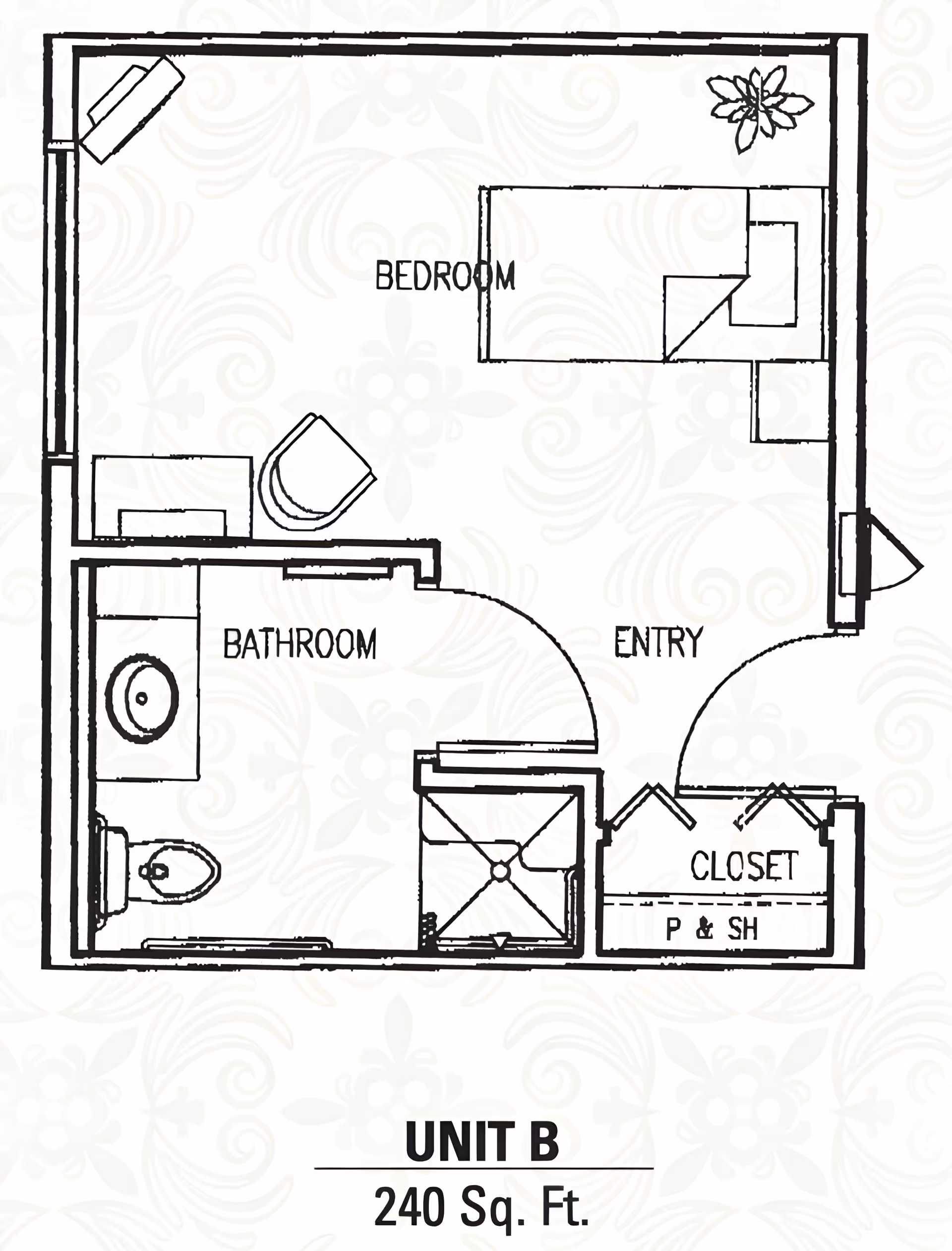Floor plan of Unit B at Heritage Court showing a 240 square feet layout with a bedroom, bathroom, entry area, and closet. The bedroom contains a bed, chair, and a plant. The bathroom includes a toilet, sink, and shower. The closet is labeled with P & SH.