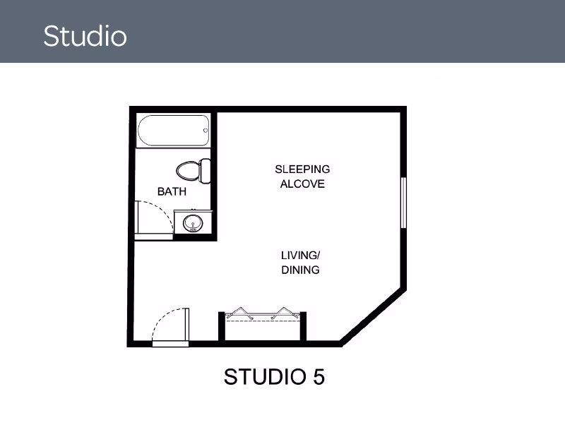 Floor plan of a studio apartment labeled Studio 5, showing a sleeping alcove, living/dining area, and a bathroom with a bathtub, toilet, and sink.