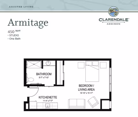 Floor plan of a studio apartment named Armitage at Clarendale of Addison, showing a 450 square feet layout with one bathroom, a kitchenette, and a combined bedroom/living area.