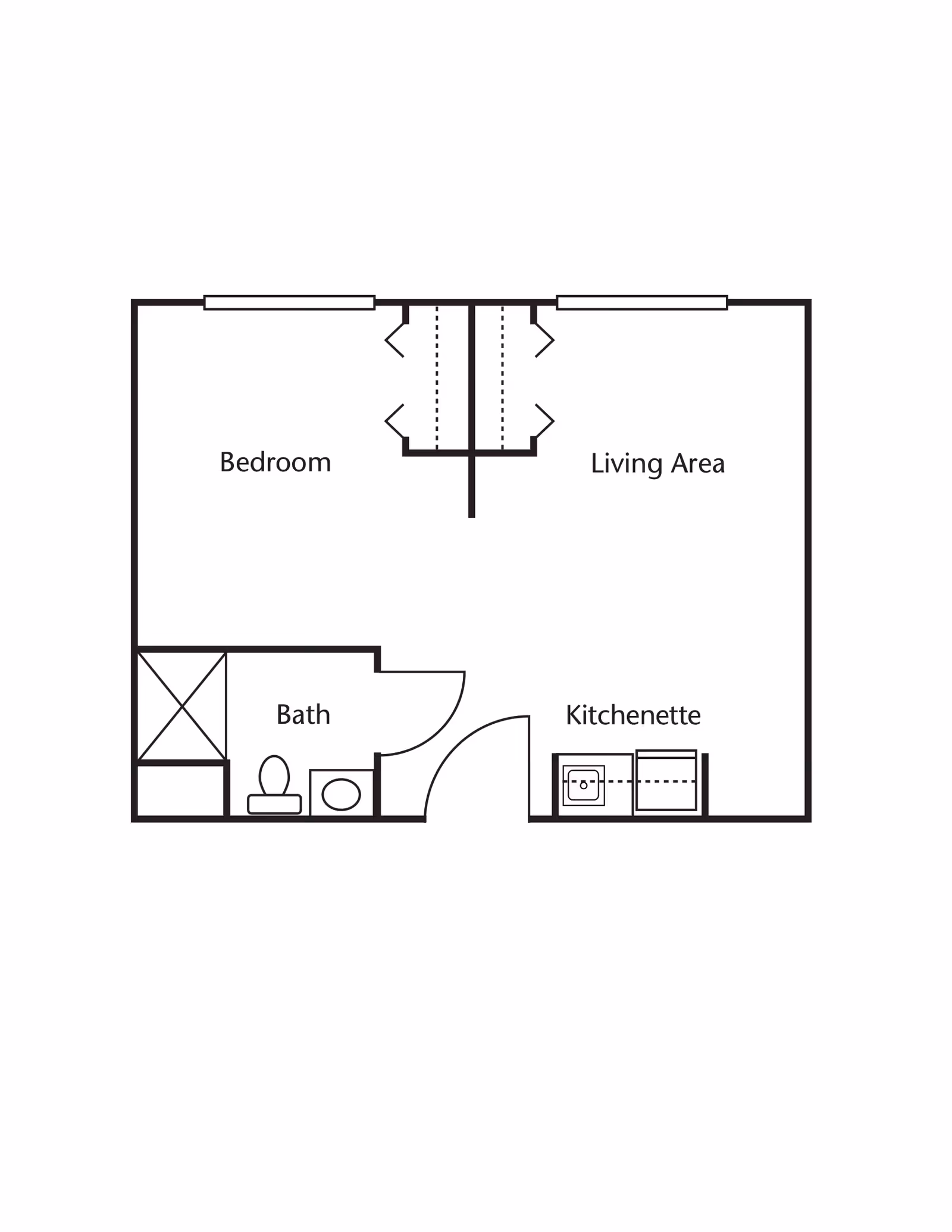 Floor plan layout showing a one-bedroom apartment with a bedroom, living area, bath, and kitchenette. The bedroom and living area are separated by closets. The bath includes a shower, toilet, and sink. The kitchenette has a sink and counter space.