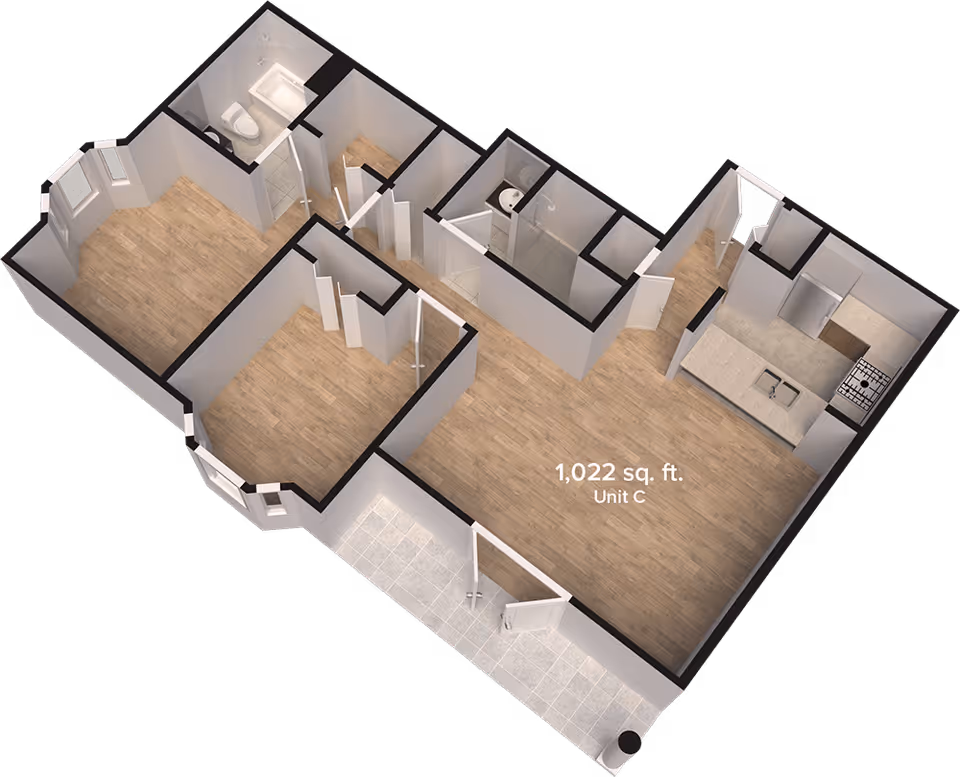 3D rendered floor plan labeled 1,022 sq. ft. Unit C showing rooms including a kitchen, bathrooms, and living areas.