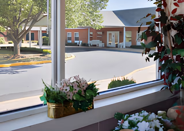 View through a large window showing the exterior driveway and entrance of a building with brick walls and white trim. Inside the window sill, there are potted plants and flowers, with additional greenery visible on the right side of the image.