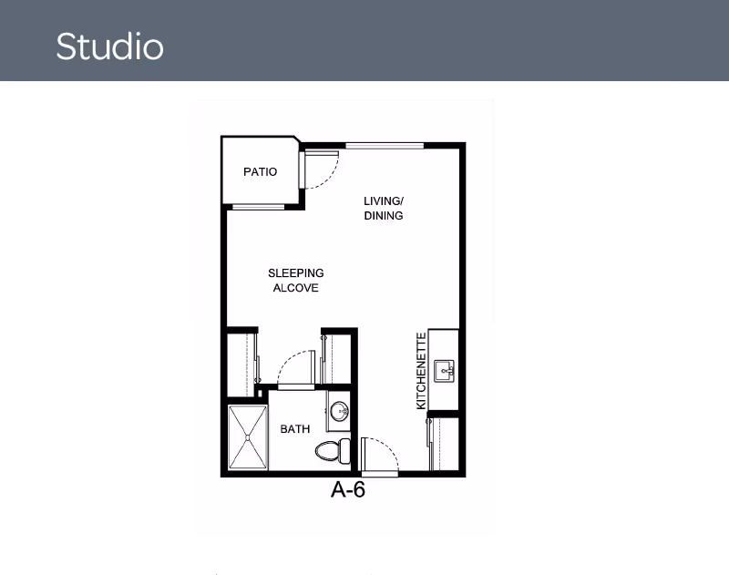 Floor plan diagram of a studio apartment labeled A-6 showing a patio, living/dining area, sleeping alcove, bath, and kitchenette.