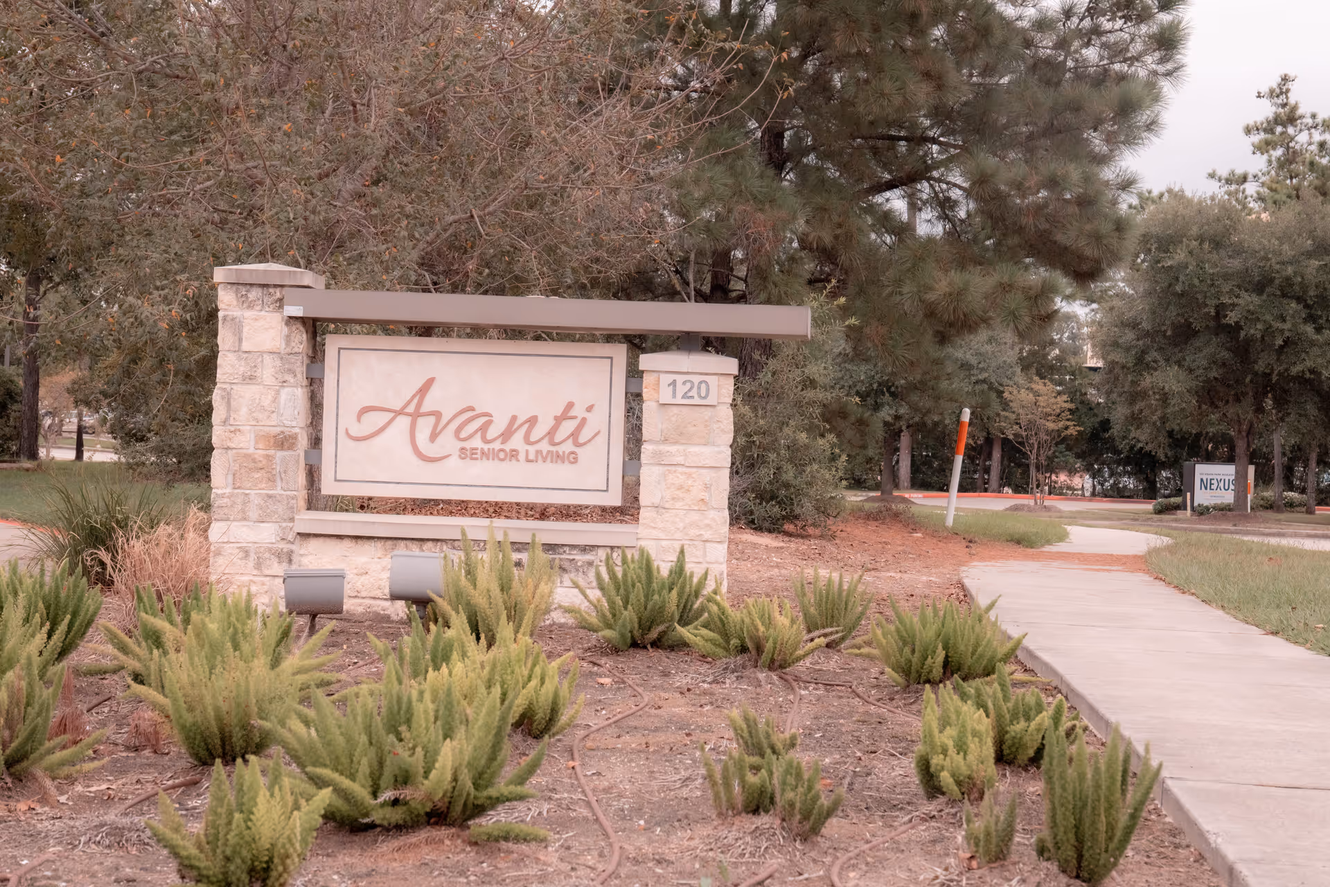 Stone and concrete sign for Avanti Senior Living at Vision Park with the number 120 on a pillar, surrounded by small green plants and trees, with a sidewalk and additional signage visible in the background.