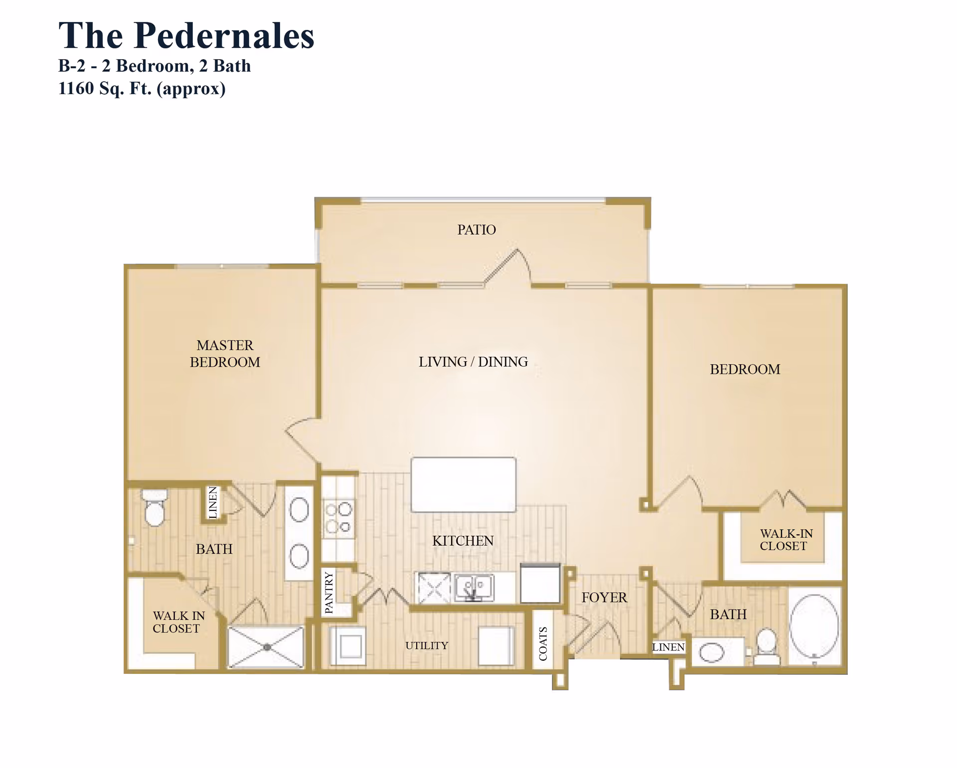 Floor plan titled The Pedernales showing a 2 bedroom, 2 bath apartment layout with approximately 1160 square feet. The layout includes a master bedroom with walk-in closet and bath, a second bedroom with walk-in closet and bath, a kitchen with pantry and utility area, a living/dining area, a patio, a foyer, and coat and linen closets.