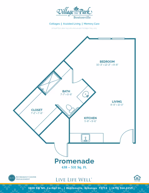 Teal labeled floor plan titled 'Promenade' for a one‑bedroom apartment at Village on the Park Bentonville showing bedroom, living area, kitchen, bath, and closet with room dimensions.