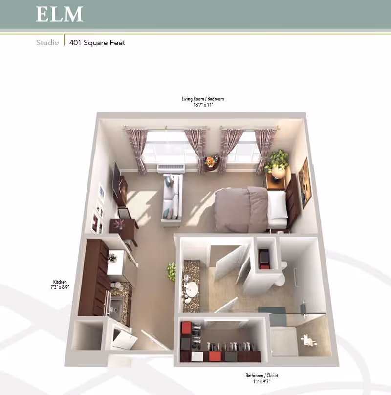3D floor plan of a studio apartment named Elm at Briarview Senior Living, showing a combined living room and bedroom area with a bed, sofa, TV, and windows with curtains. The kitchen area is adjacent with cabinets and appliances. There is a bathroom with a shower, toilet, sink, and a closet space.