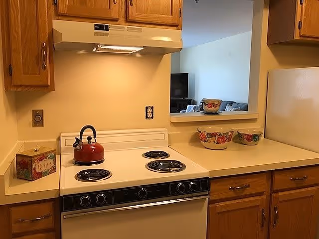 A kitchen area with wooden cabinets, a white electric stove with four coil burners, a red kettle on the stove, and a range hood above. On the countertop to the right, there are three decorative bowls with floral patterns. A small tin container labeled 'Rugs' is on the left side of the stove. In the background, a living room with a TV and a couch is partially visible through a pass-through window.