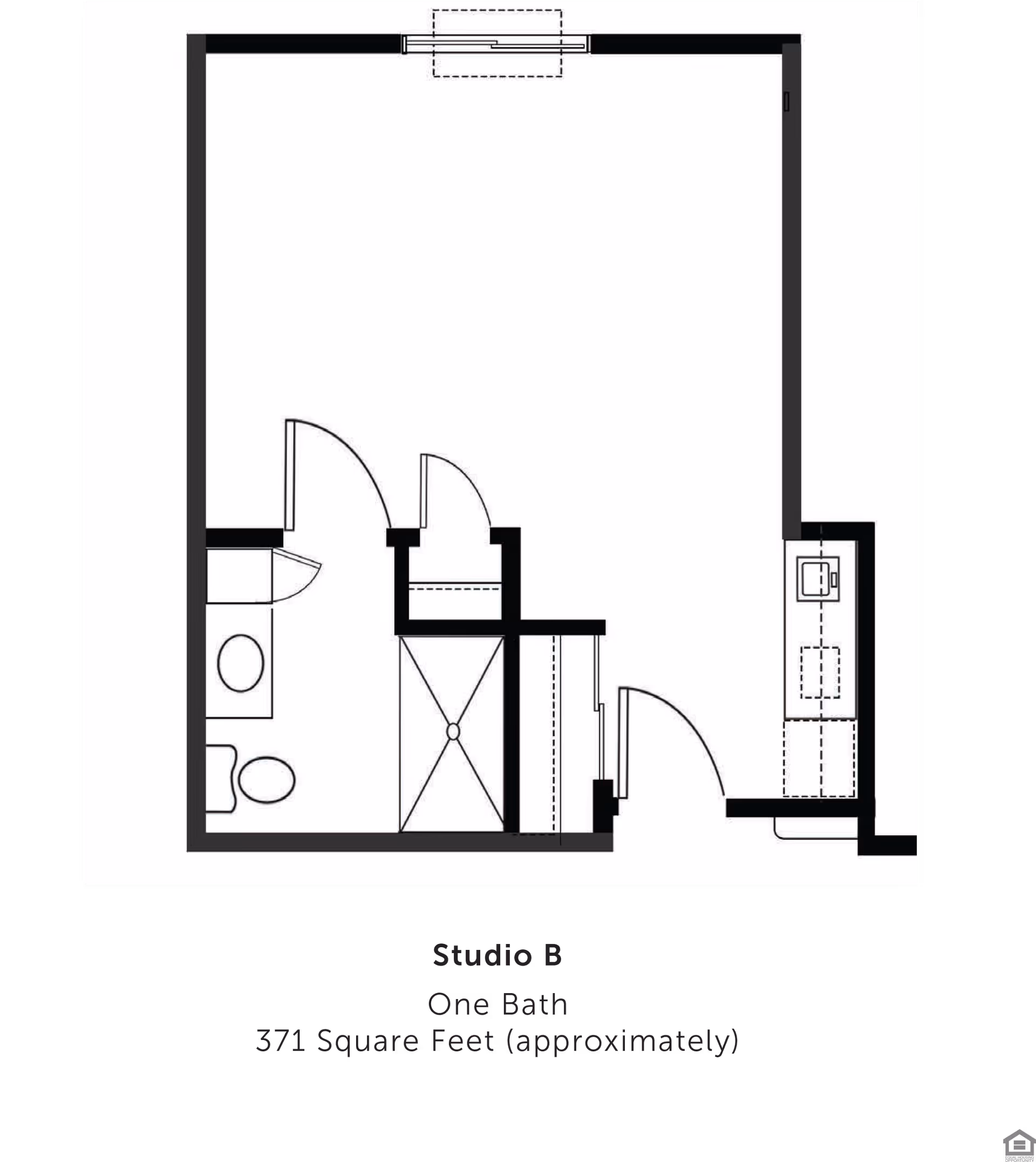 Floor plan diagram of a studio apartment showing an entry, kitchenette, closet, bathroom with toilet and shower, and a large open living area.