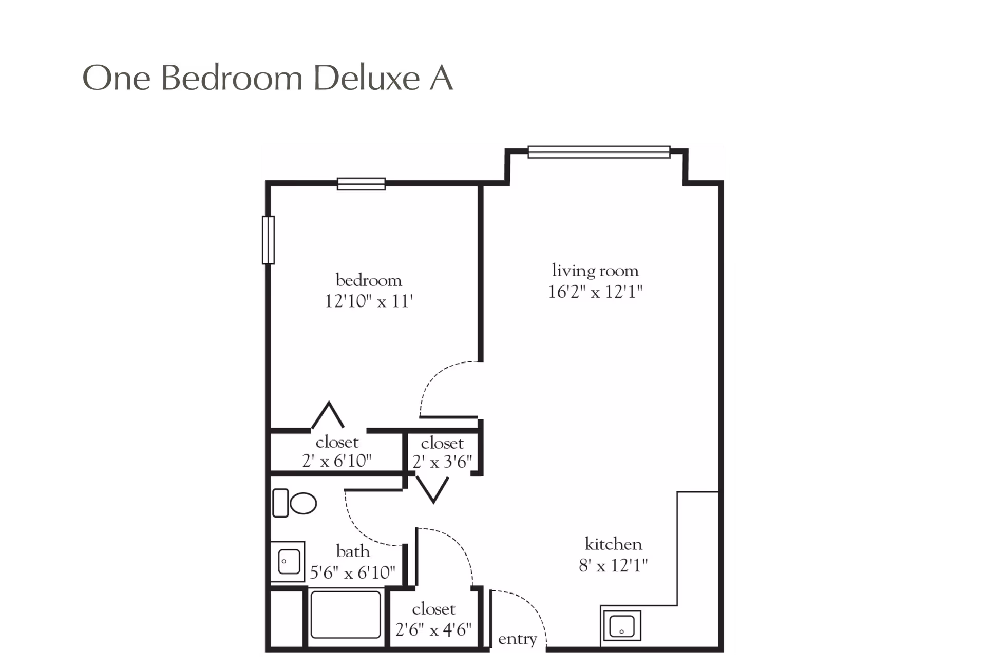 Black-and-white floor plan titled 'One Bedroom Deluxe A' showing a bedroom, living room, kitchen, bath and closets with dimensions.
