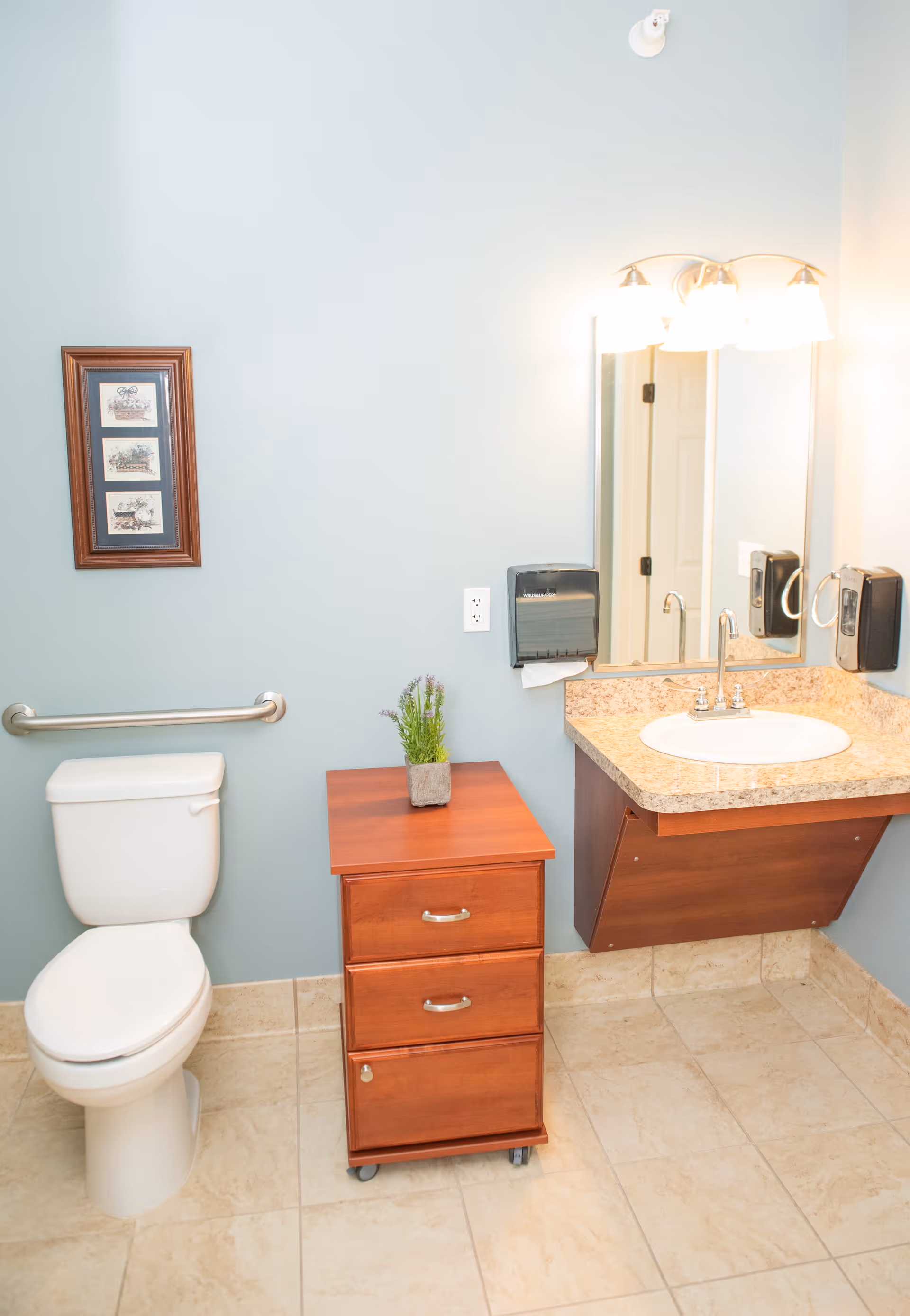 A clean bathroom with a white toilet, a wooden cabinet with three drawers on wheels, a small potted plant on top, a wall-mounted sink with a granite countertop, a large mirror above the sink, and a three-light fixture. There is a handrail next to the toilet and a framed picture on the light blue wall.