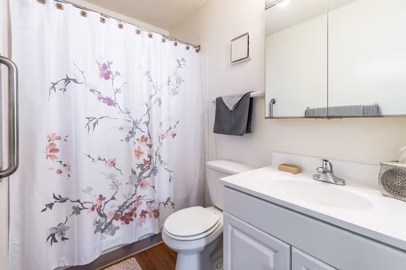 Bathroom with a floral shower curtain, toilet, white vanity sink, and mirrored medicine cabinet.