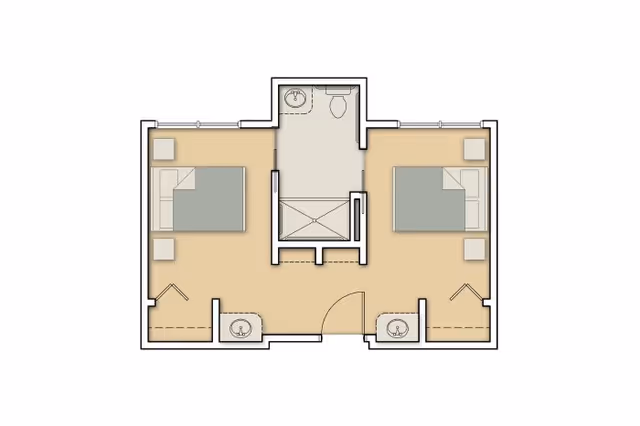 Architectural floor plan showing a layout with two bedrooms, each containing a bed and a nightstand, two sinks outside the bedrooms, and a shared bathroom with a sink, toilet, and shower in the center.