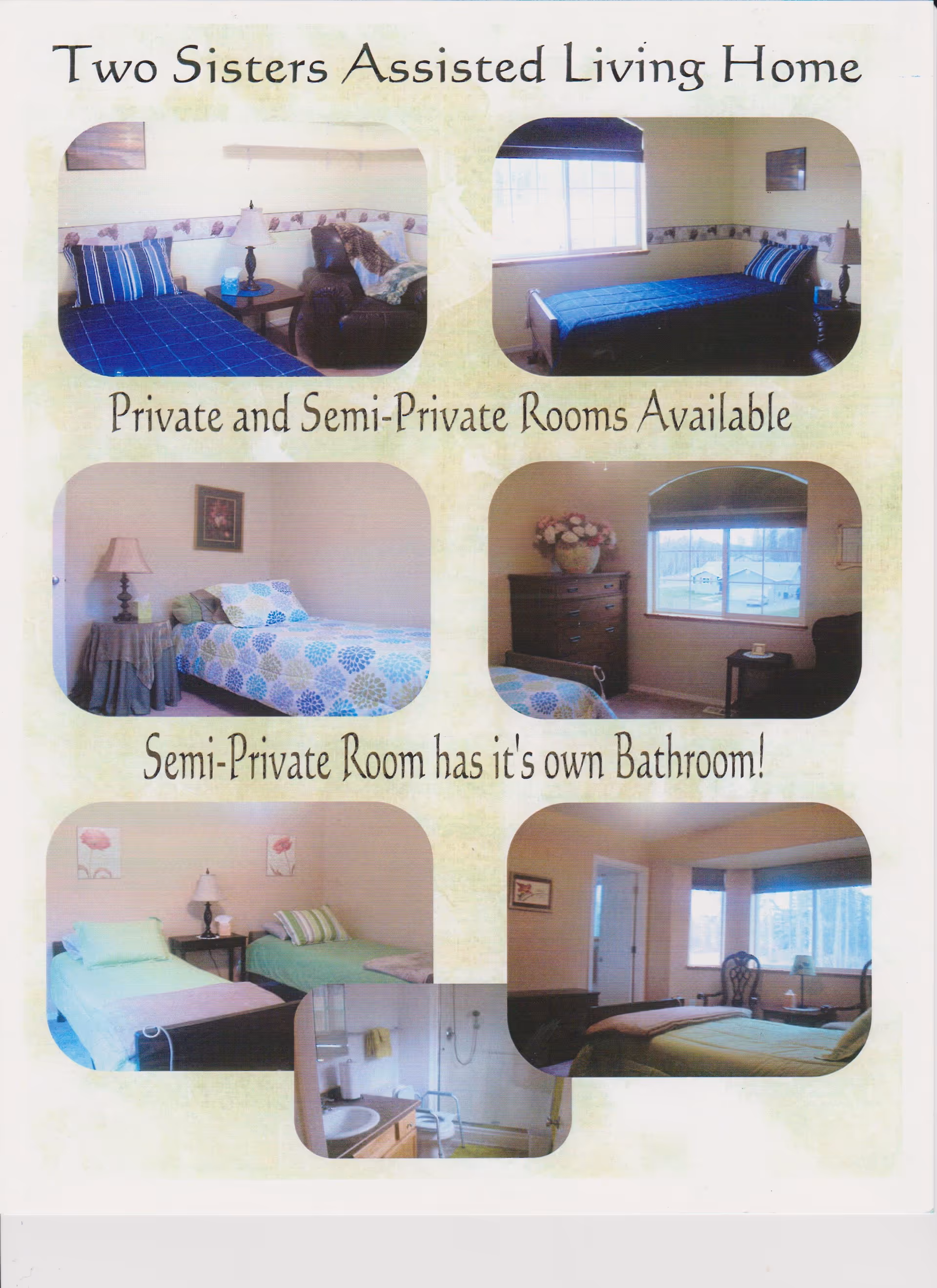 Collage of images showing various rooms in Two Sisters Assisted Living Home including private and semi-private bedrooms with beds, nightstands, lamps, chairs, and windows. One image shows a bathroom with a sink, mirror, and shower equipped with a grab bar and shower chair.