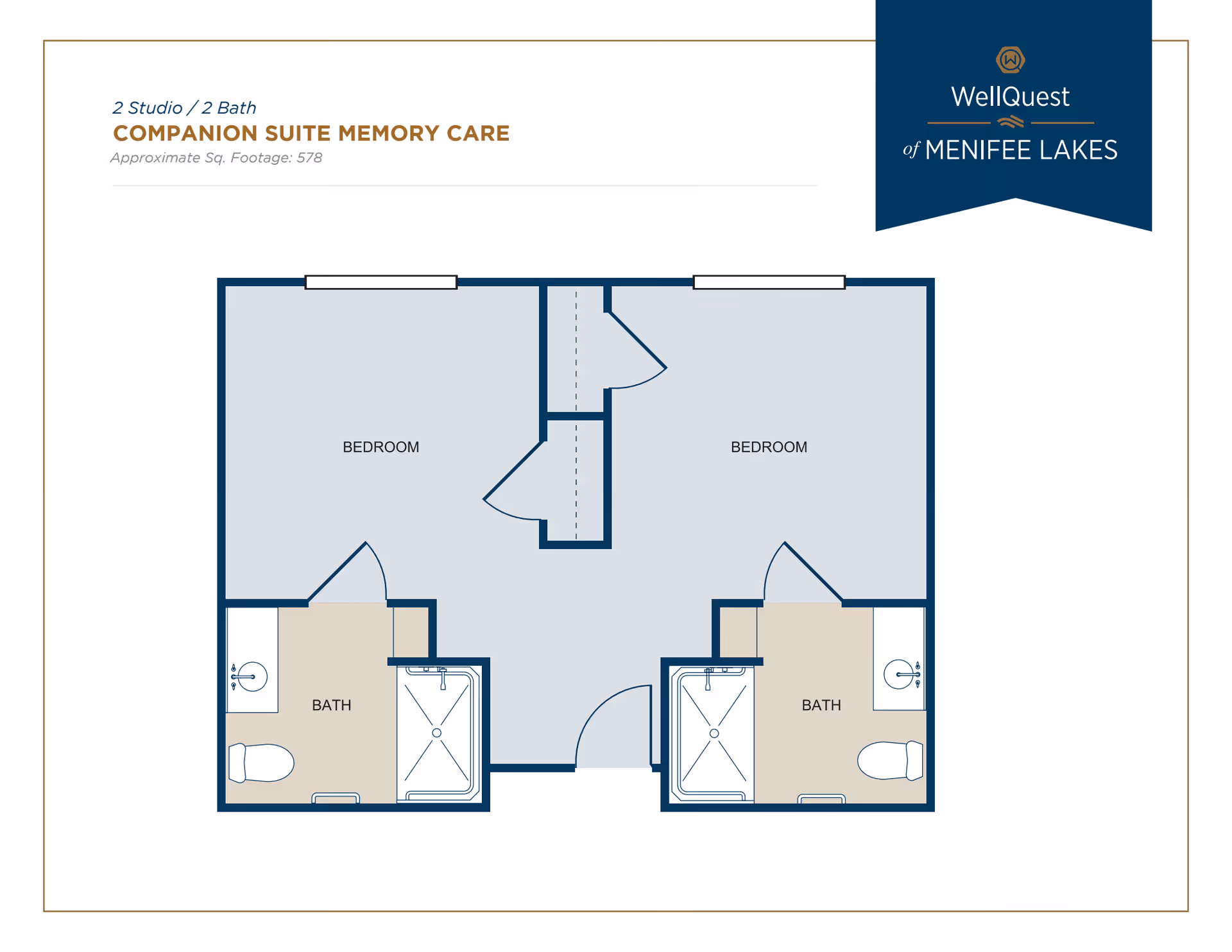 Floor plan of a companion suite memory care unit with 2 bedrooms and 2 bathrooms. Each bedroom has an attached bathroom with a shower, toilet, and sink. The layout shows two separate bedrooms connected by a small hallway with closets.