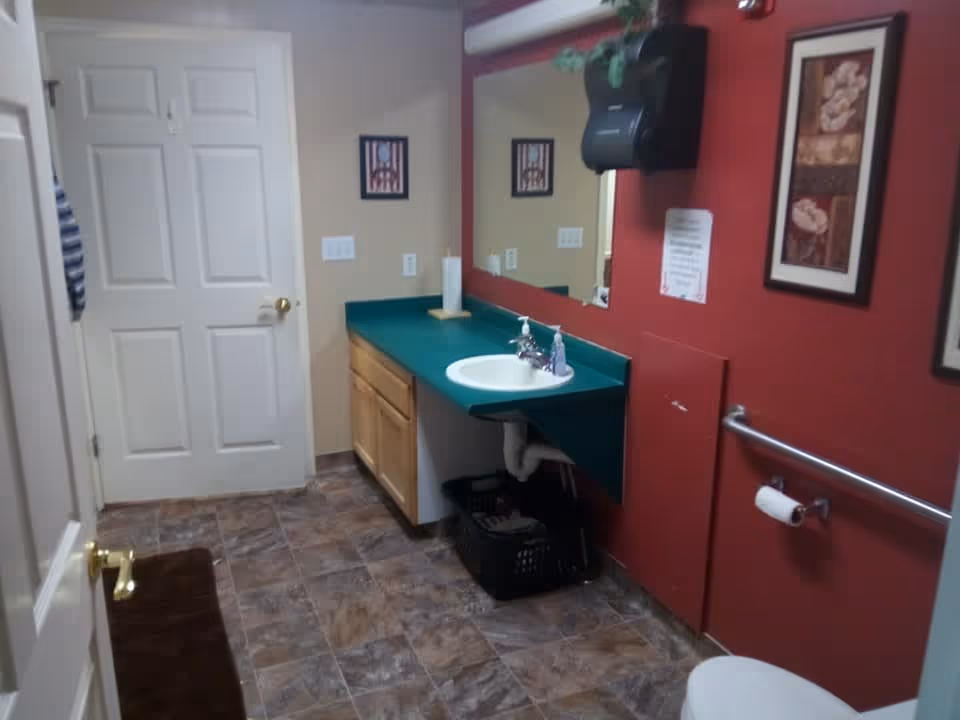 Interior view of a bathroom with a white door, a green countertop with a sink, a large mirror, a paper towel holder, a soap dispenser, a toilet with a grab bar and toilet paper holder, and framed artwork on the red wall.