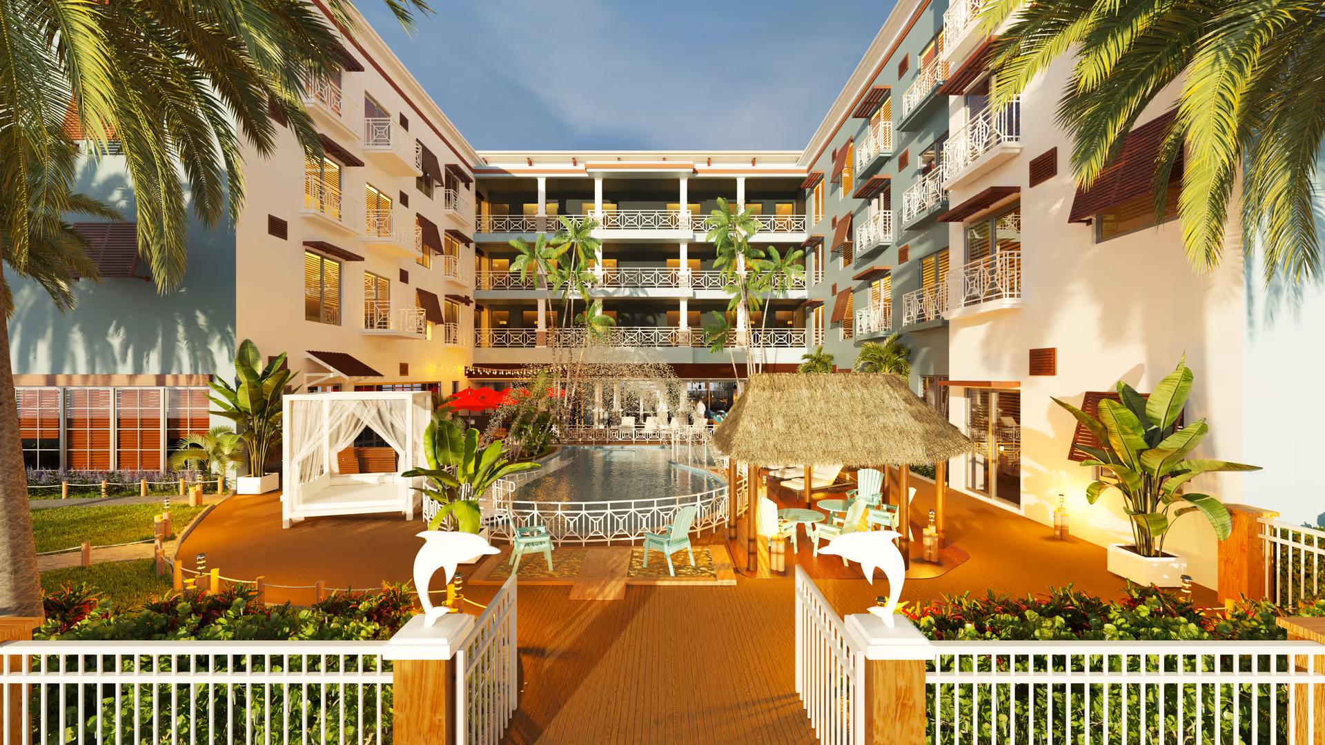 Outdoor courtyard area of Bahama Bay Club Luxury Senior Living featuring a central swimming pool surrounded by a multi-story building with balconies. The courtyard includes palm trees, a thatched-roof tiki hut with seating, a white canopy daybed, and decorative dolphin sculptures on the entrance gate. The scene is bathed in warm sunlight under a clear blue sky.