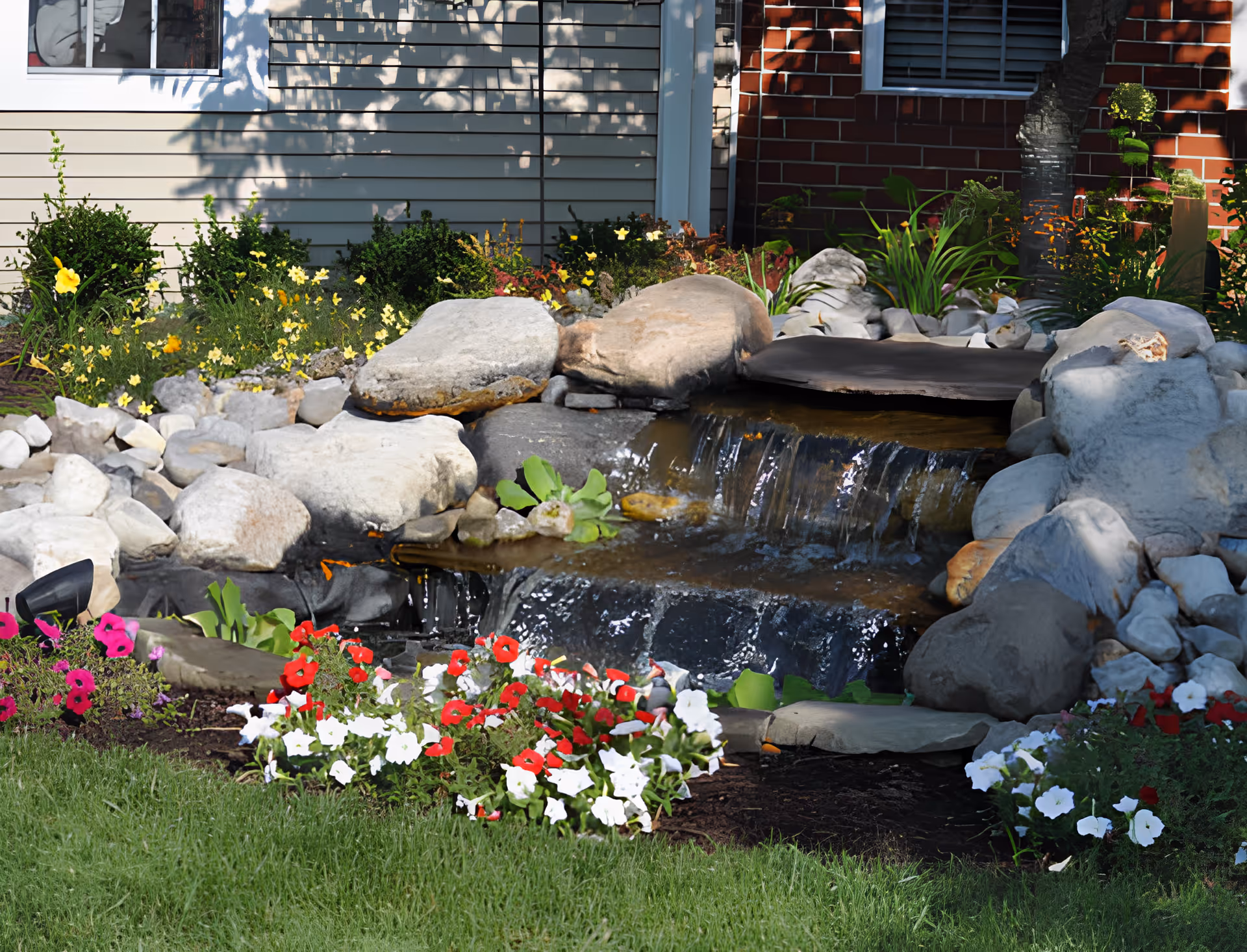 A small landscaped garden area with a cascading water feature made of rocks and a small waterfall. Surrounding the water feature are colorful flowers including red, white, and pink blooms, green plants, and a well-maintained grassy lawn. The background shows the exterior walls of a building with siding and brick.