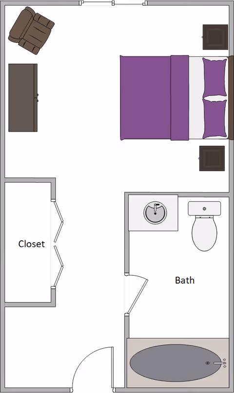 Floor plan of a senior living facility room at The Retreat at Loganville showing a bedroom with a bed, two nightstands, a recliner chair, a dresser, a closet, and an attached bathroom with a sink, toilet, and bathtub.