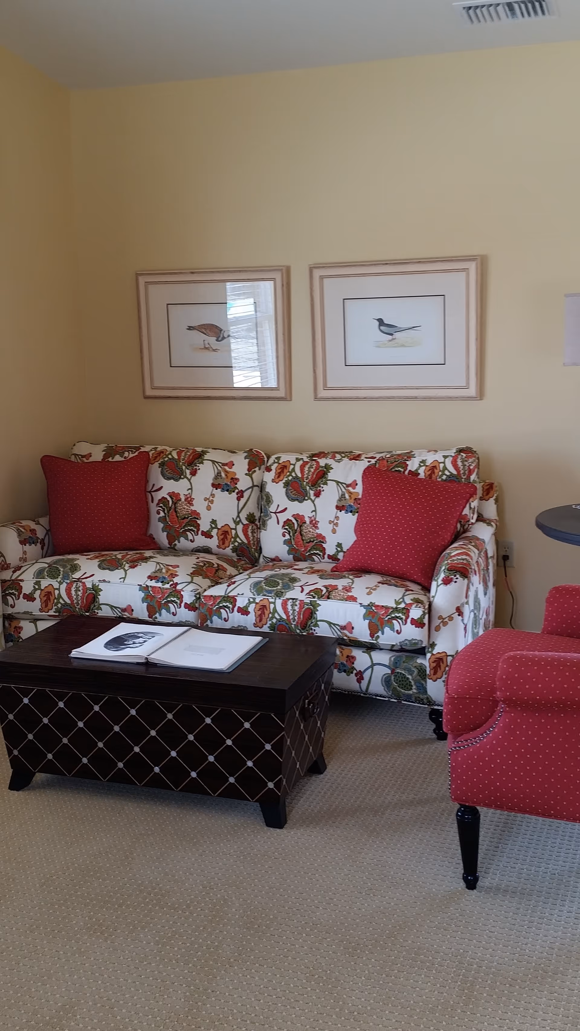 A cozy living room area with a floral patterned sofa adorned with two red cushions, a matching red armchair, a dark wooden coffee table with an open book on it, and two framed bird illustrations hanging on a light yellow wall.