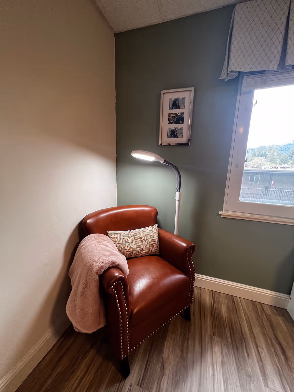 Leather armchair with a throw blanket and decorative pillow under a floor lamp in a cozy corner next to a window.