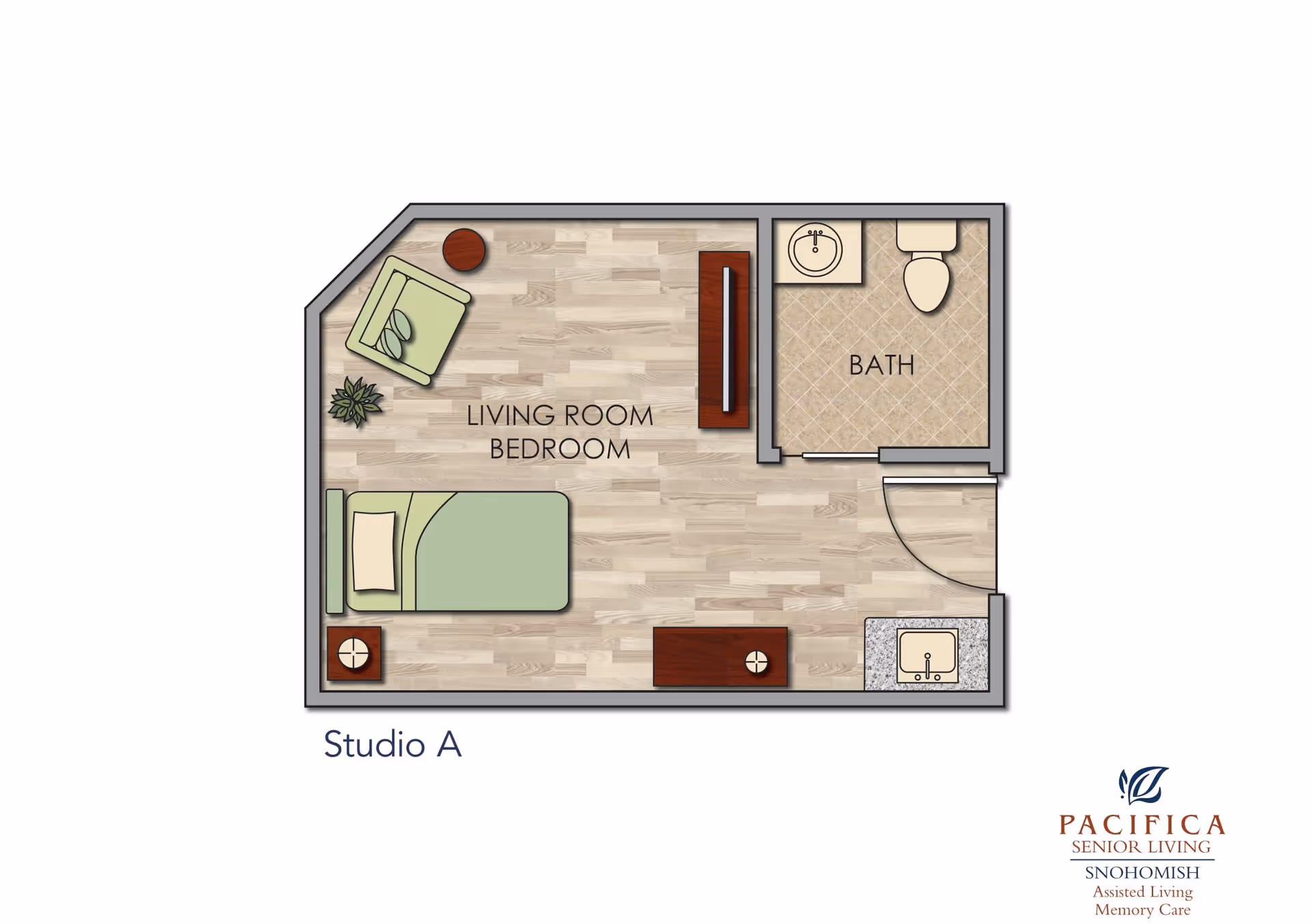 Floor plan of Studio A at The Cottages of Snohomish showing a combined living room and bedroom area with a bed, armchair, side tables, and a TV stand. There is a small kitchen area with a sink and a separate bathroom with a sink and toilet.