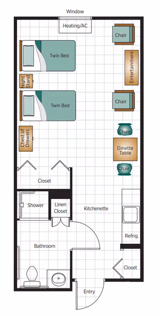 Floor plan of a senior living unit at Belmont Village Senior Living Green Hills featuring two twin beds, a nightstand, chest of drawers, closet, bathroom with shower and toilet, linen closet, kitchenette with refrigerator, entry door, dinette table with chairs, entertainment area with chairs, and a window with heating/AC unit.