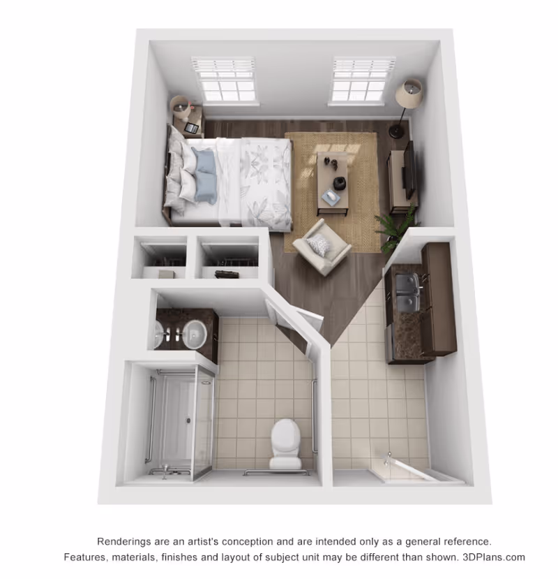 Top-down 3D floor plan of a studio apartment with a bed, seating area, kitchenette, and bathroom.