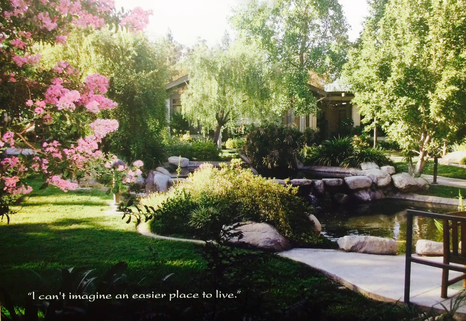 A serene garden area at Mt. San Antonio Gardens featuring lush green trees, bushes, and pink flowering plants surrounding a small pond with rocks and a paved walkway.